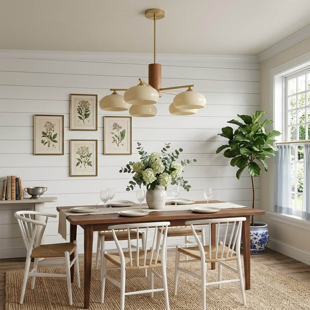 Juno brass chandelier above dining table warm glow glass shades elegant interior