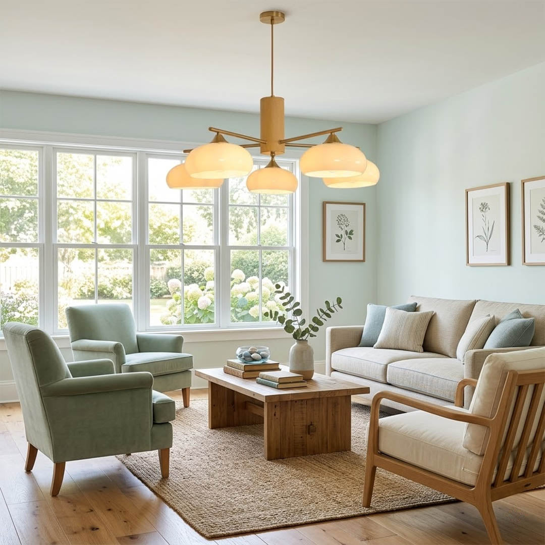 Juno brass chandelier above dining table warm glow glass shades elegant interior