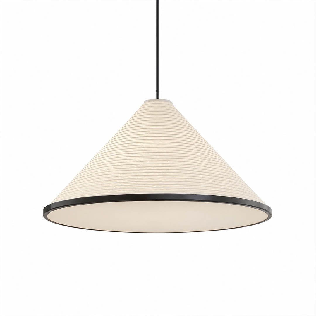 Kasa pendant light extra large 47.2 inch diameter oversized washi paper pyramid cone shape handcrafted ribbed texture Japanese Japandi wabi sabi statement piece hardwired white background