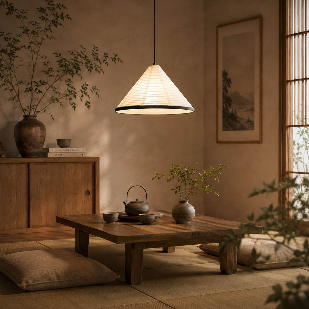 Kasa pendant light large 19.7 inch modern Japanese tea room meditation zen space washi paper pyramid handcrafted traditional serene calm warm ambient lifestyle interior