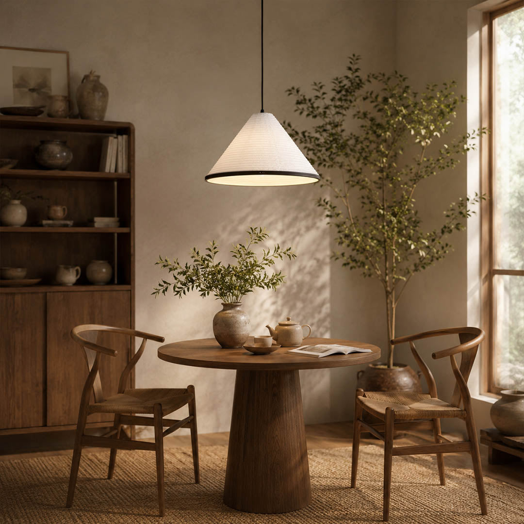 Kasa pendant light small 13.8 inch modern home office study workspace washi paper pyramid Japanese Japandi wabi sabi warm ambient functional creative lifestyle interior American home