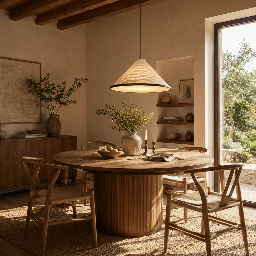 Kasa pendant light extra large 47.2 inch oversized modern grand dining room long table entertaining washi paper pyramid Japanese Japandi wabi sabi dramatic statement warm ambient lifestyle interior American home