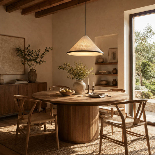 Kasa pendant light extra large 47.2 inch oversized modern grand dining room long table entertaining washi paper pyramid Japanese Japandi wabi sabi dramatic statement warm ambient lifestyle interior American home