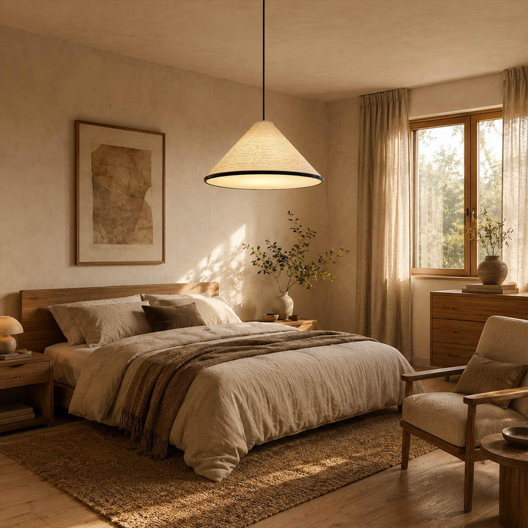 Kasa pendant light medium 15.7 inch modern primary bedroom over bed suspension washi paper pyramid Japanese Japandi wabi sabi warm ambient intimate cozy lifestyle interior American home