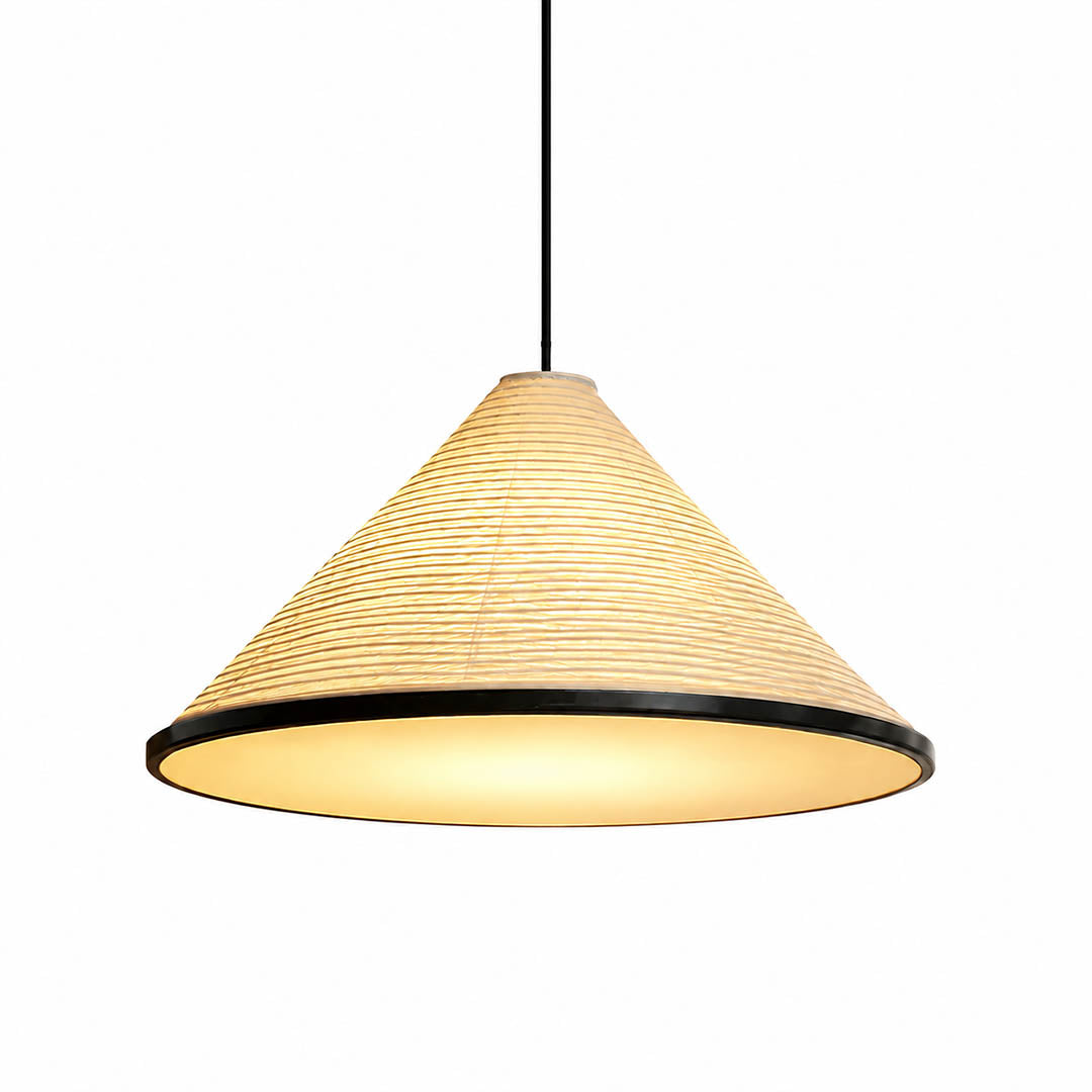Kasa pendant light extra large 47.2 inch diameter oversized washi paper pyramid cone shape handcrafted ribbed texture Japanese Japandi wabi sabi statement piece hardwired white background