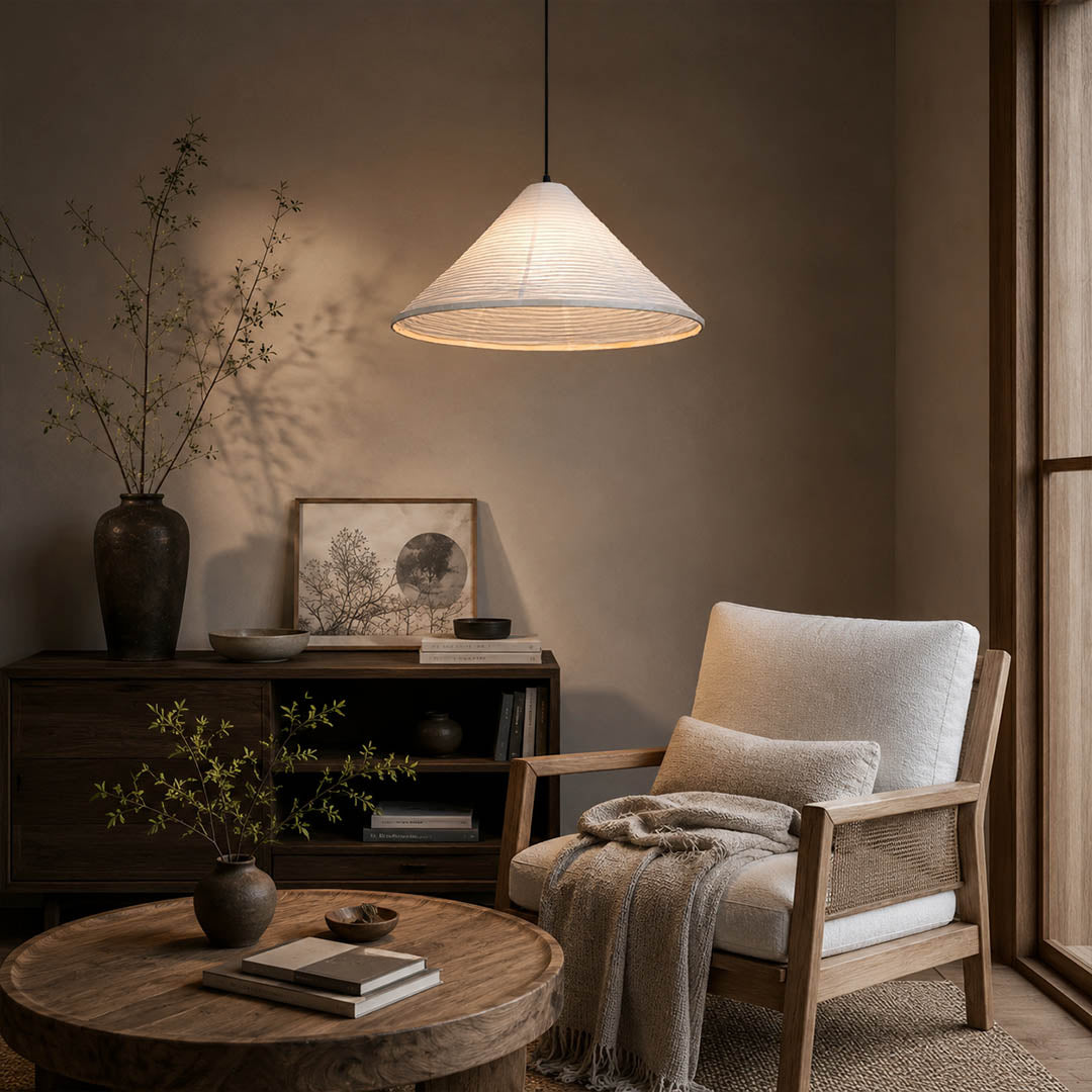 Kasa pendant light small 13.8 inch modern home office study workspace washi paper pyramid Japanese Japandi wabi sabi warm ambient functional creative lifestyle interior American home