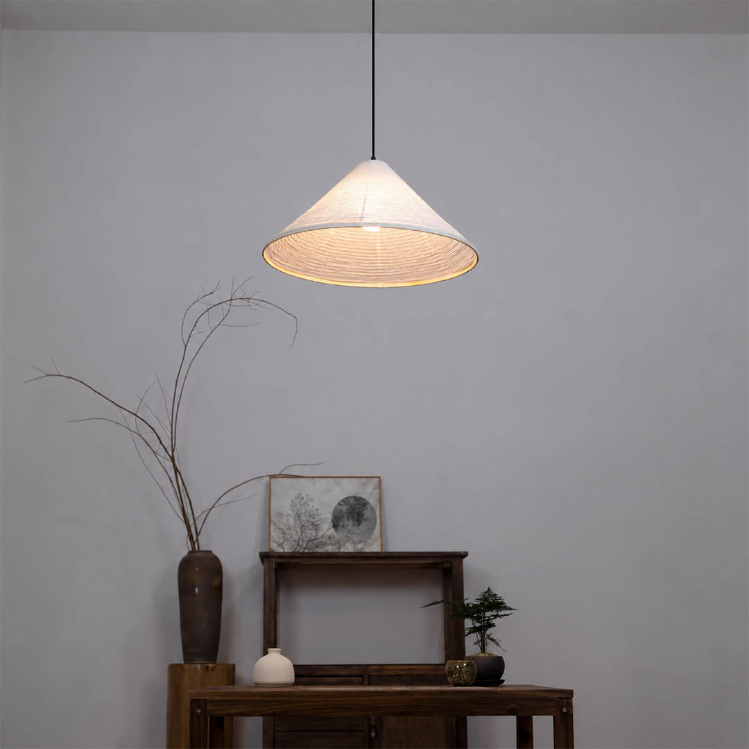 Kasa pendant light small 13.8 inch modern entryway foyer welcome washi paper pyramid Japanese Japandi wabi sabi warm ambient elegant lifestyle interior American home