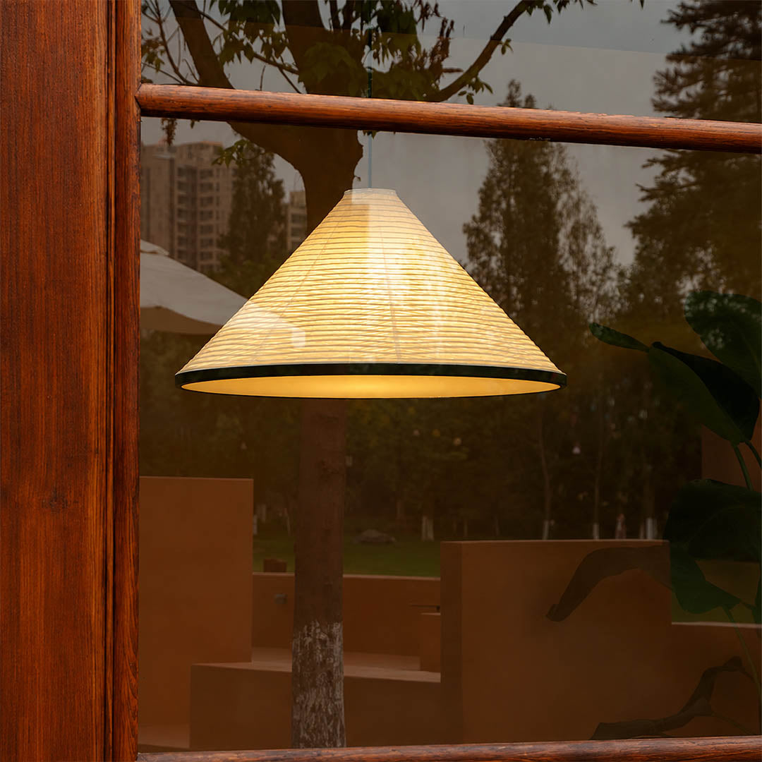 Kasa pendant light medium 15.7 inch kitchen island counter trio triple pendant row washi paper pyramid coordinated Japanese Japandi wabi sabi warm ambient lifestyle interior American home