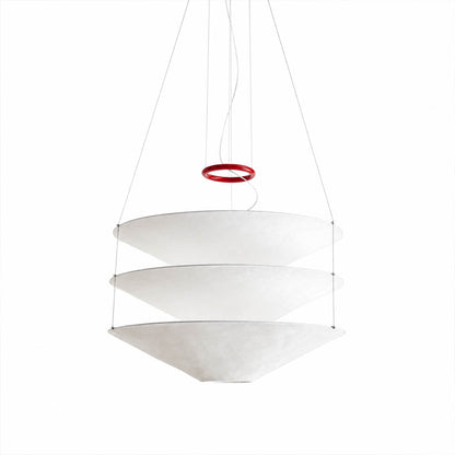 Kōun pendant light modern layered paper 39.4 inch large handcrafted three white shades red iron ring accent minimalist Art Deco statement dining kitchen island commercial hospitality floating suspended white background