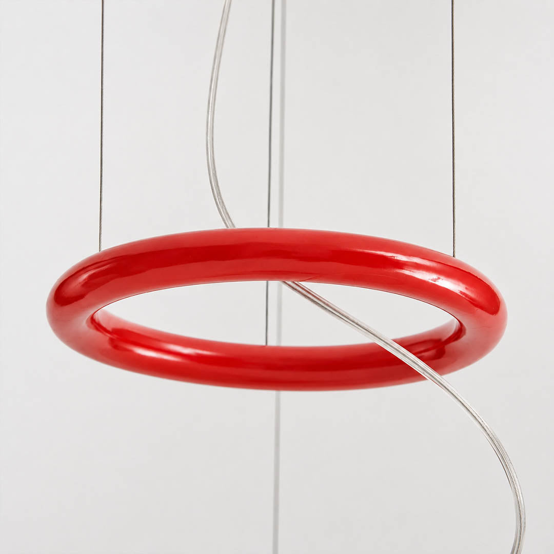 Kōun pendant light striking red iron ring top accent signature Art Deco bold color pop contrast detail close up architectural sophisticated