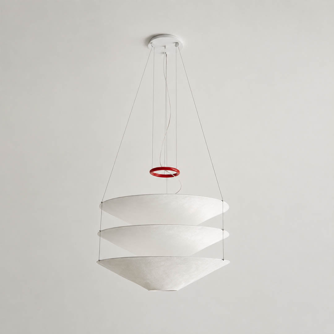 Kōun pendant light three layered stacked white paper shades floating suspended sleek cables sculptural presence detail close up architectural