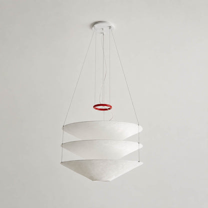 Kōun pendant light three layered stacked white paper shades floating suspended sleek cables sculptural presence detail close up architectural