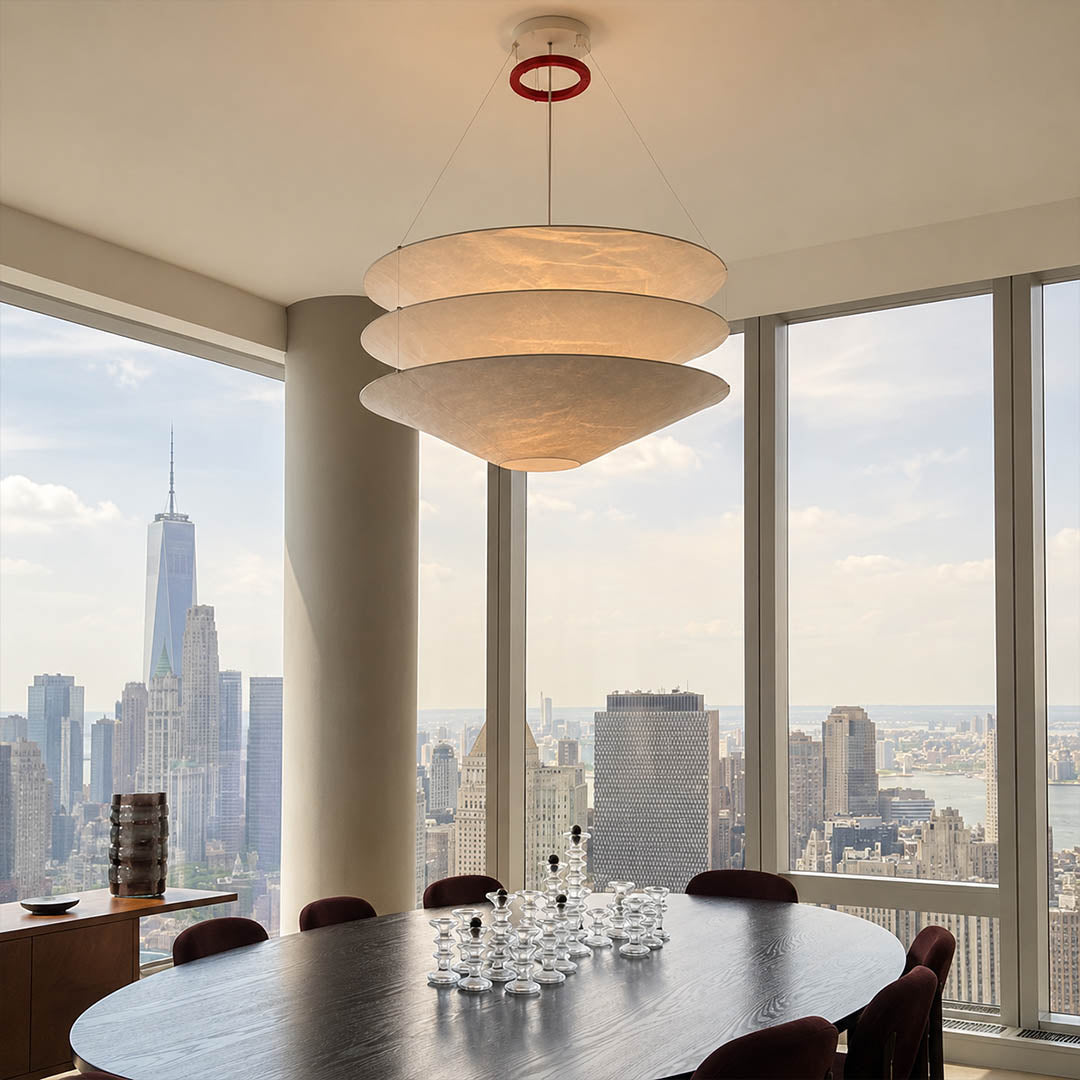 Kōun pendant light 29.5 inch bright modern dining room round wooden table statement minimalist Art Deco warm ambient sculptural layered elegant lifestyle interior