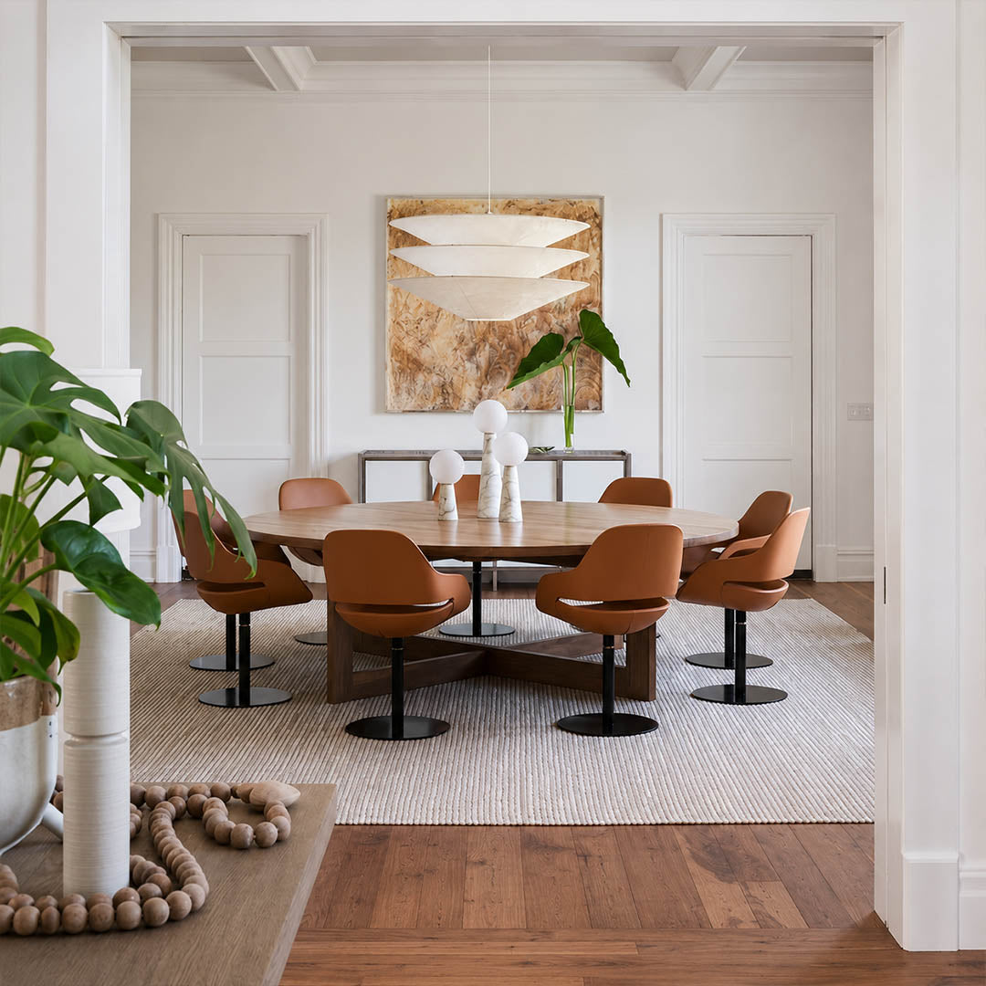 Kōun pendant light 29.5 inch bright modern dining room round wooden table statement minimalist Art Deco warm ambient sculptural layered elegant lifestyle interior