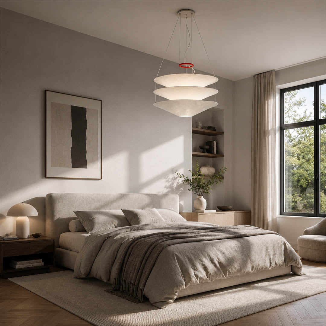 Kōun pendant light 29.5 inch evening warm room dining table glowing atmospheric statement minimalist Art Deco warm ambient sculptural layered lifestyle interior