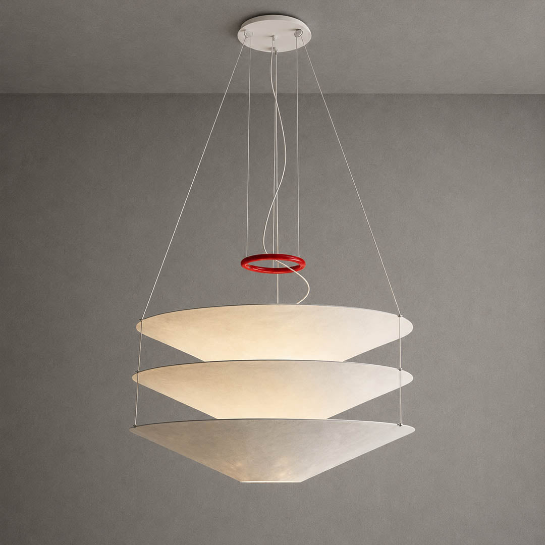 Kōun pendant light modern layered paper 39.4 inch large handcrafted three white shades red iron ring accent minimalist Art Deco statement dining kitchen island commercial hospitality floating suspended white background