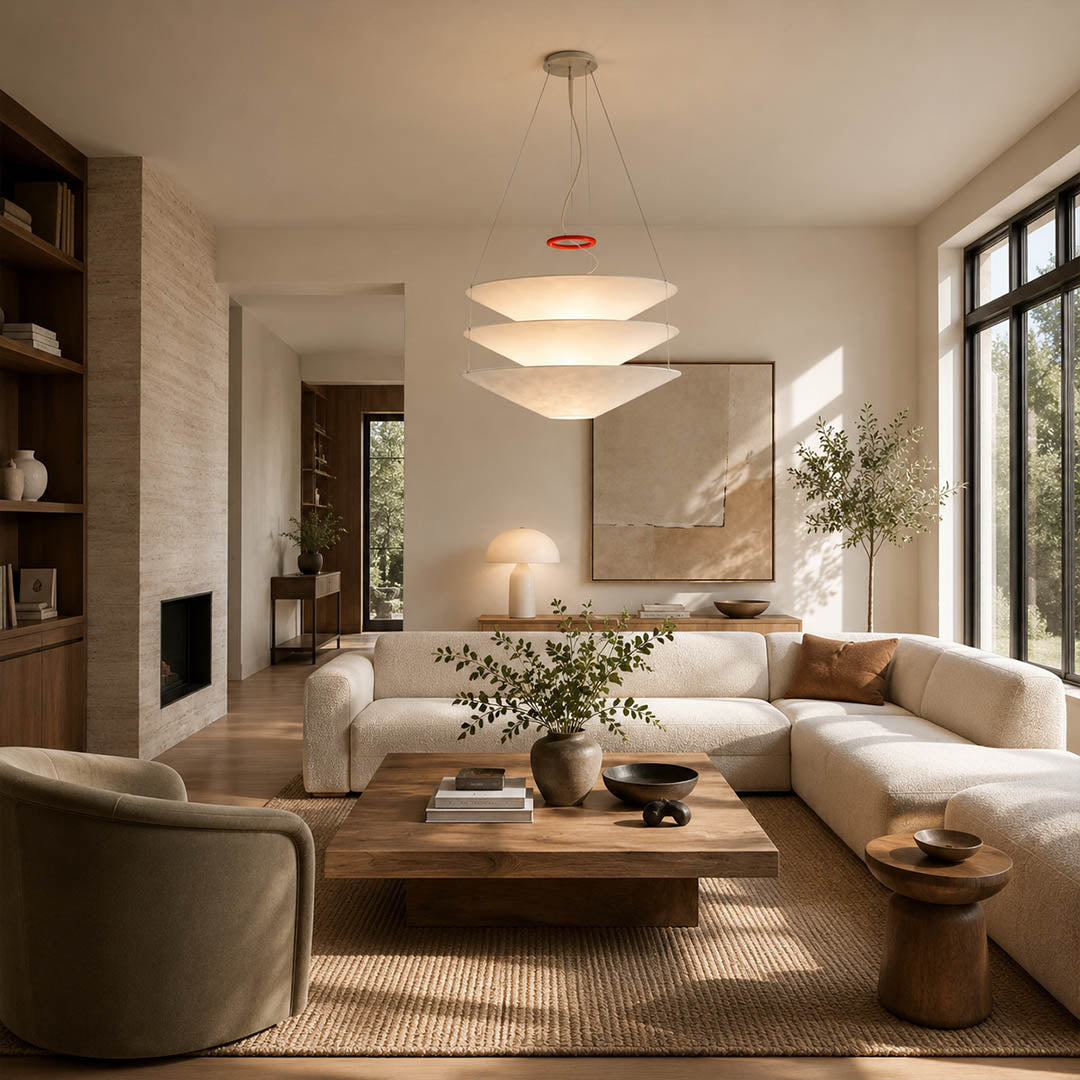 Kōun pendant light 29.5 inch modern living room sofa seating cluster statement minimalist Art Deco warm ambient sculptural layered elegant lifestyle interior