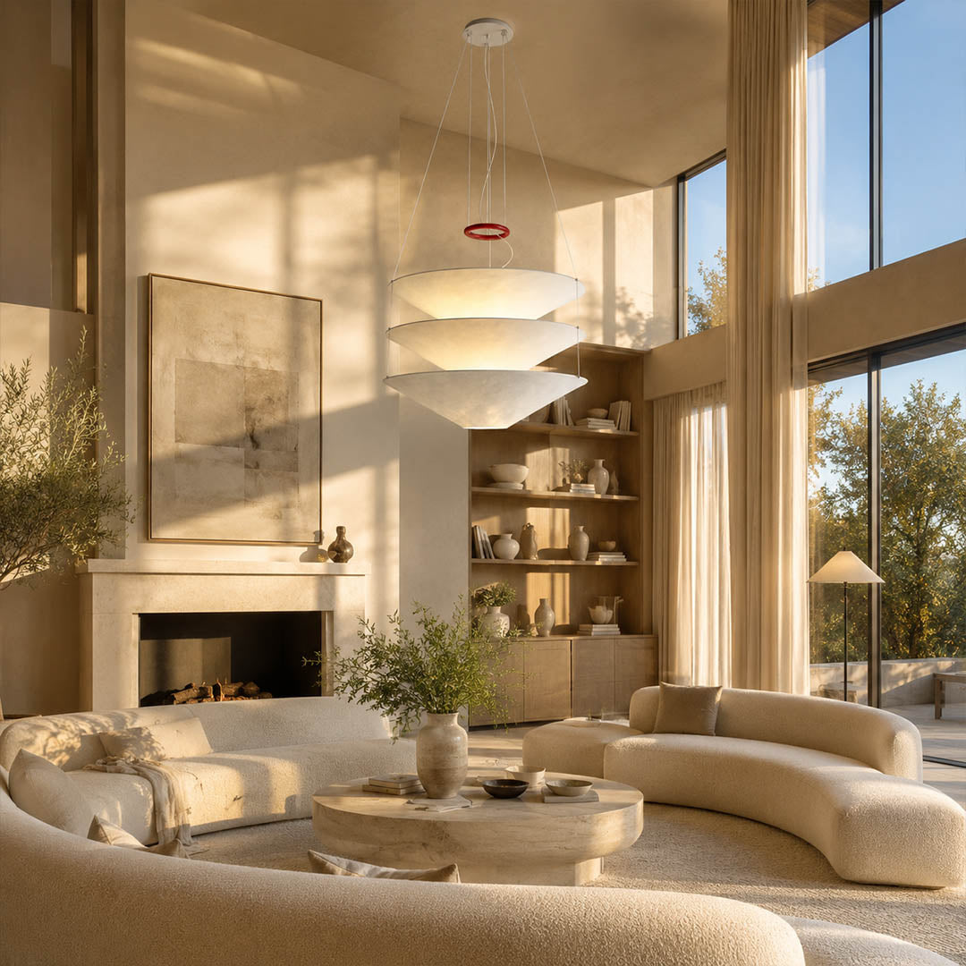 Kōun pendant light 29.5 inch modern living room sofa seating cluster statement minimalist Art Deco warm ambient sculptural layered elegant lifestyle interior