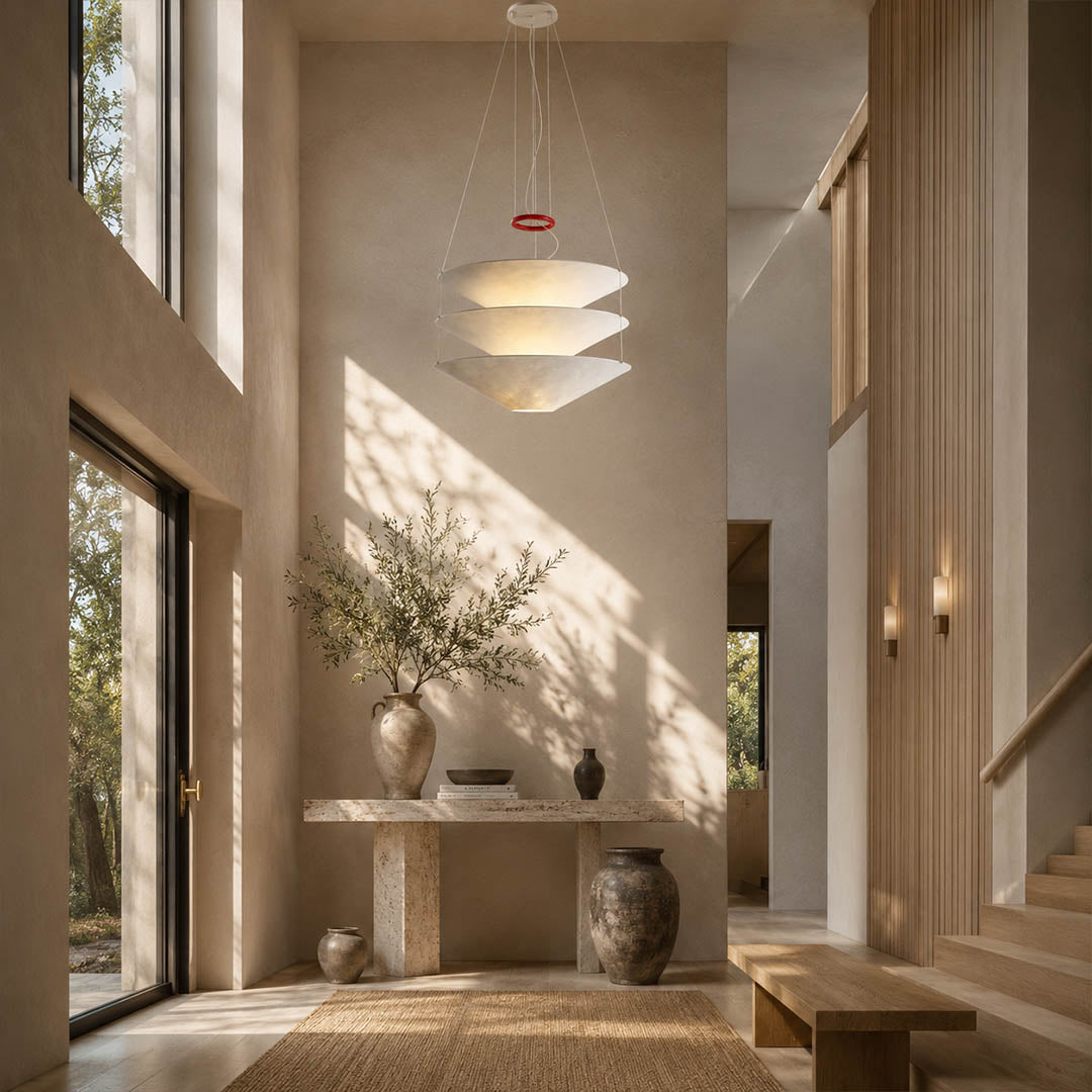 Kōun pendant light 29.5 inch modern entryway foyer console welcome statement minimalist Art Deco warm ambient sculptural layered lifestyle interior