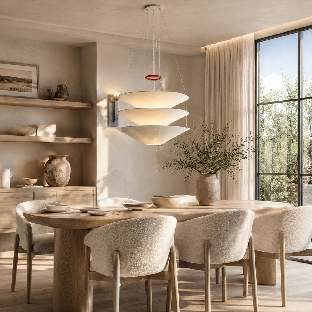 Kōun pendant light 29.5 inch modern dining room 6 seat rectangular table statement minimalist Art Deco warm ambient sculptural layered floating elegant lifestyle interior