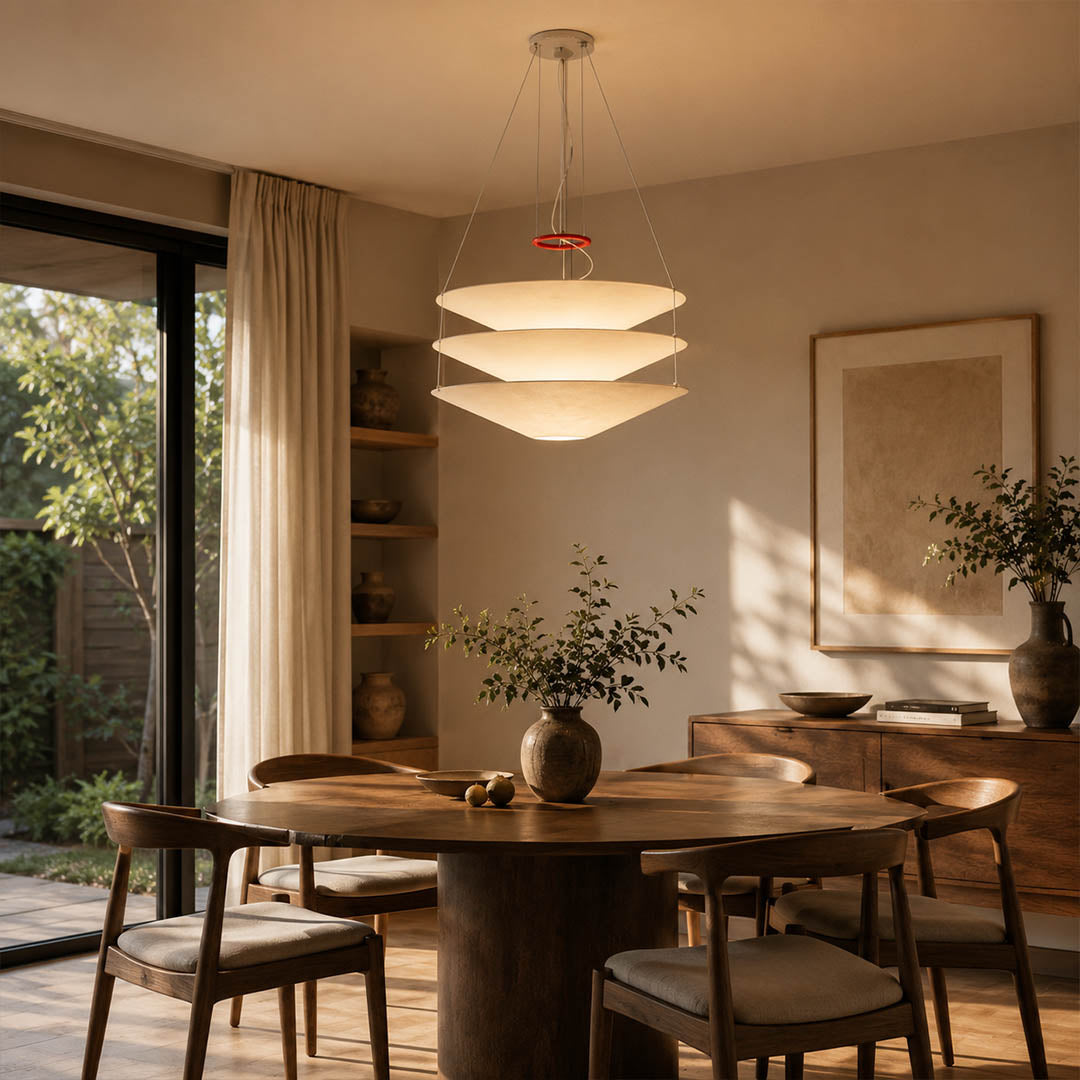 Kōun pendant light 29.5 inch bright modern dining room round wooden table statement minimalist Art Deco warm ambient sculptural layered elegant lifestyle interior