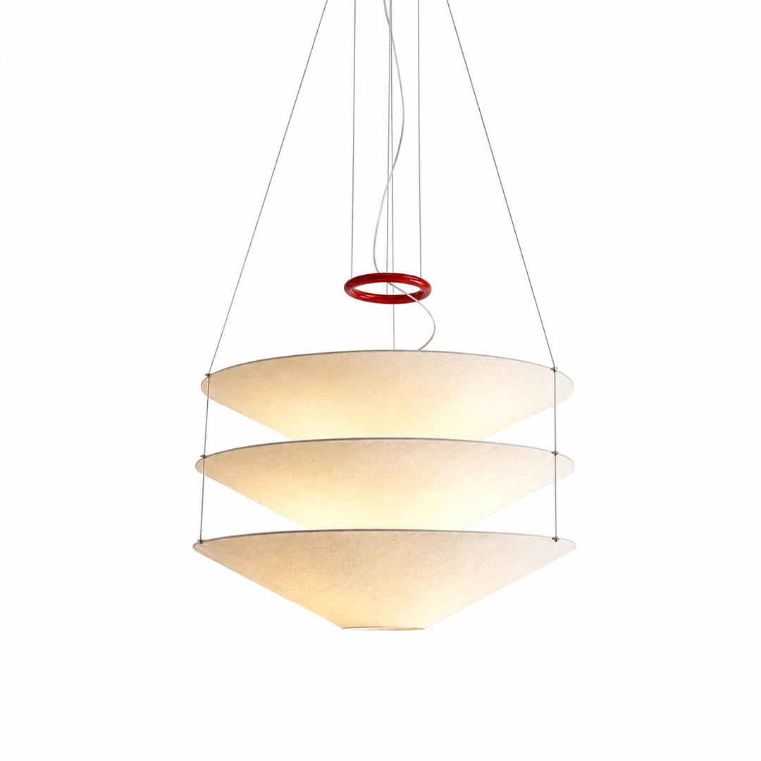Kōun pendant light modern layered paper 39.4 inch large handcrafted three white shades red iron ring accent minimalist Art Deco statement dining kitchen island commercial hospitality floating suspended white background