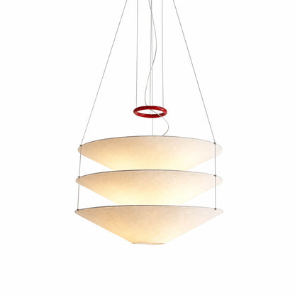 Kōun pendant light modern layered paper 39.4 inch large handcrafted three white shades red iron ring accent minimalist Art Deco statement dining kitchen island commercial hospitality floating suspended white background