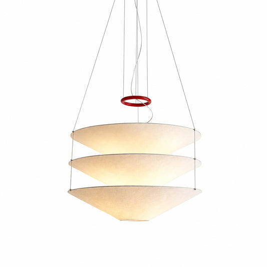 Kōun pendant light modern layered paper 39.4 inch large handcrafted three white shades red iron ring accent minimalist Art Deco statement dining kitchen island commercial hospitality floating suspended white background