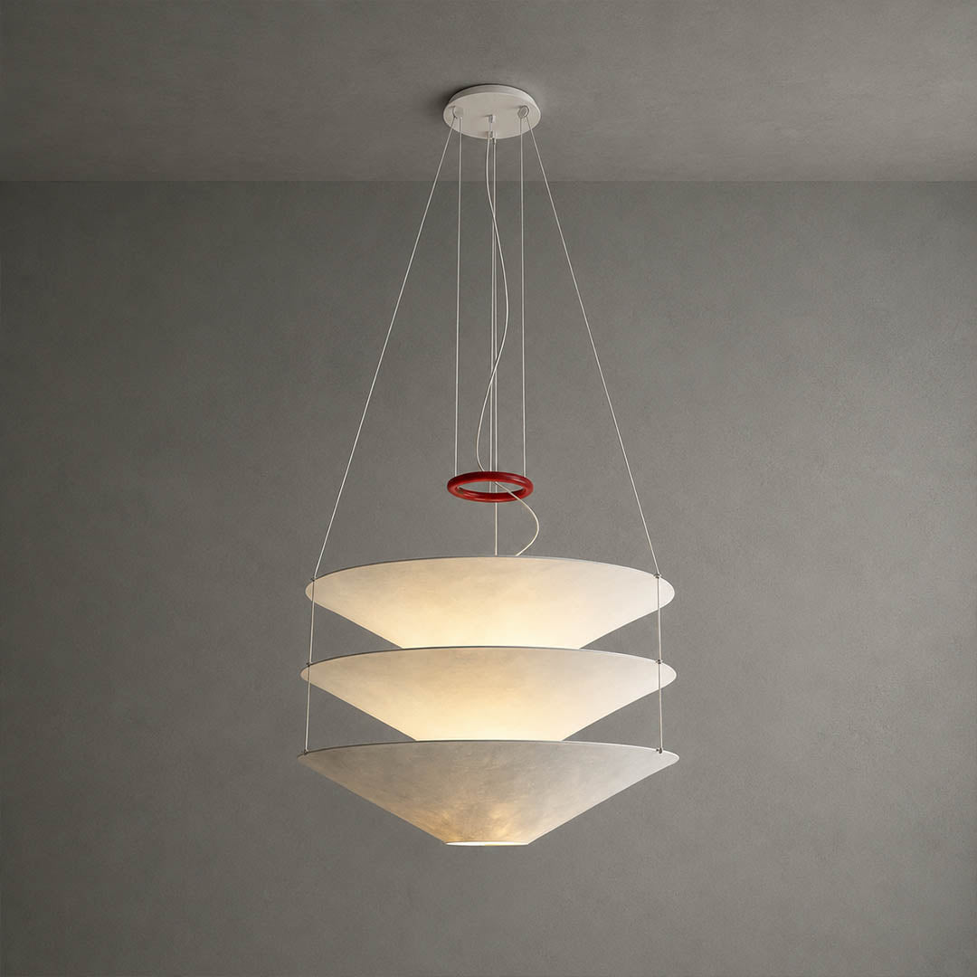 Kōun pendant light modern layered paper 29.5 inch handcrafted three white shades red iron ring accent minimalist Art Deco statement dining kitchen living room floating suspended white background