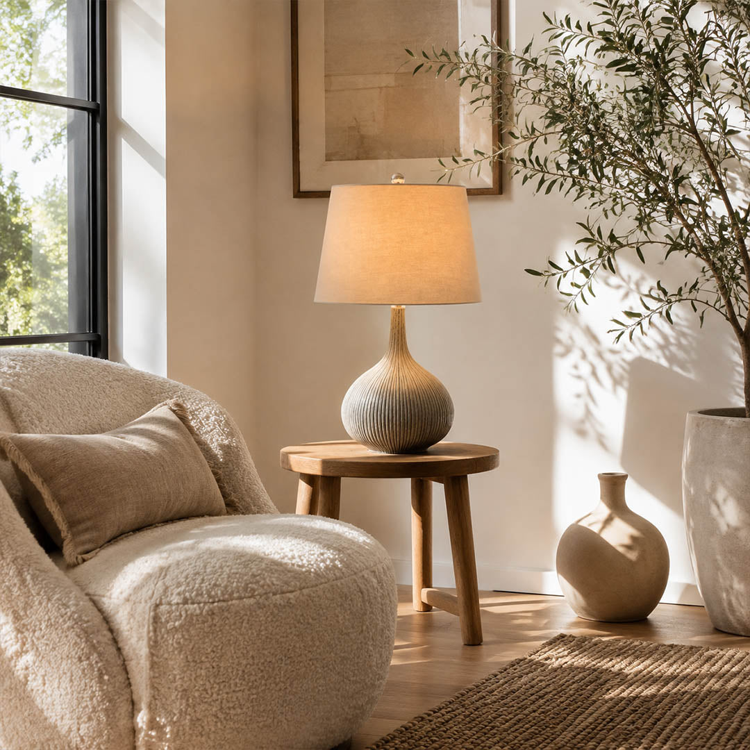 Kova ceramic table lamp study reading nook blue ceramic white shade warm glow modern American home lifestyle interior