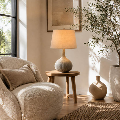 Kova ceramic table lamp study reading nook blue ceramic white shade warm glow modern American home lifestyle interior