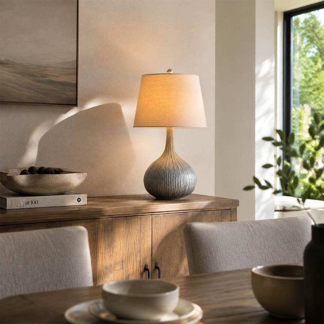 Kova ceramic table lamp dining room console blue ceramic white shade warm elegant American home lifestyle interior styled