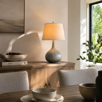 Kova ceramic table lamp dining room console blue ceramic white shade warm elegant American home lifestyle interior styled
