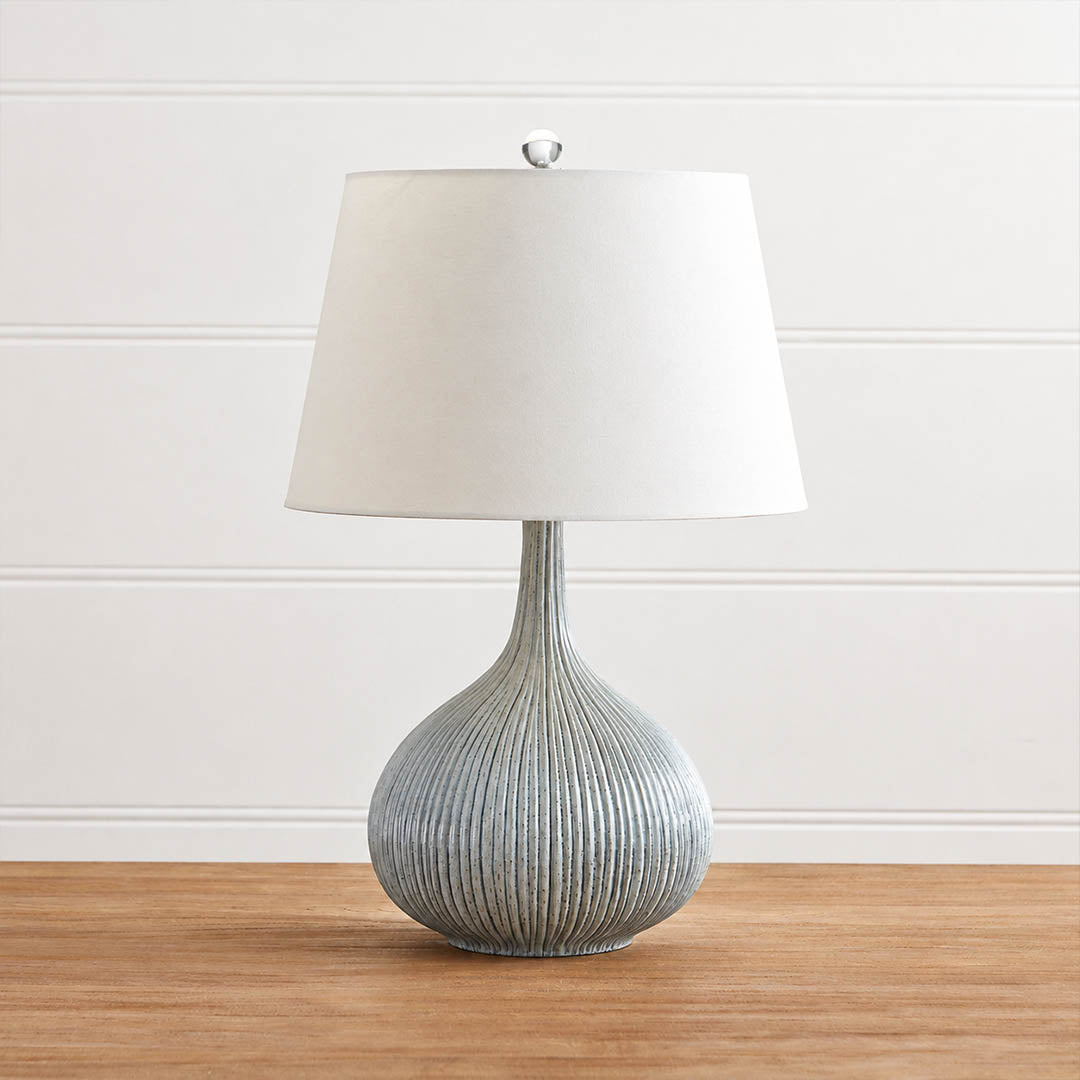Kova ceramic table lamp living room side table blue ceramic white shade warm glow sculptural modern American home lifestyle interior styled