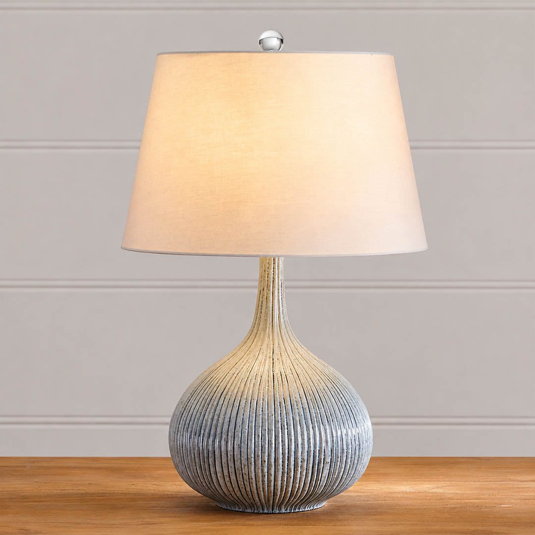 Kova ceramic table lamp living room side table blue ceramic white shade warm glow sculptural modern American home lifestyle interior styled