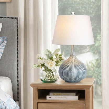 Kova ceramic table lamp bedroom nightstand bedside blue ceramic white shade warm glow cozy American home lifestyle interior styled