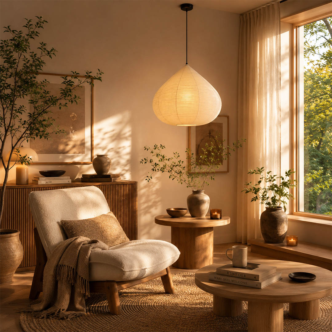 Kuri pendant light 17.7 inch reading corner armchair cozy intimate Japandi warm ambient sculptural chestnut Japanese lifestyle interior