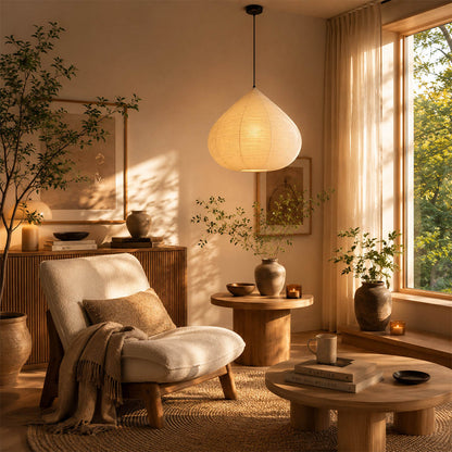 Kuri pendant light 17.7 inch reading corner armchair cozy intimate Japandi warm ambient sculptural chestnut Japanese lifestyle interior