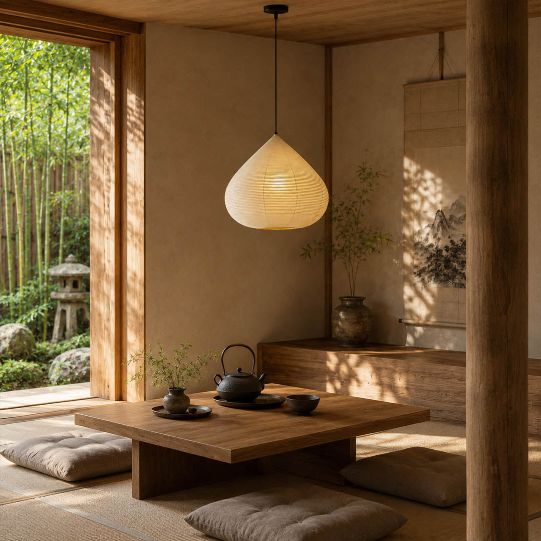 Kuri pendant light 17.7 inch reading corner armchair cozy intimate Japandi warm ambient sculptural chestnut Japanese lifestyle interior