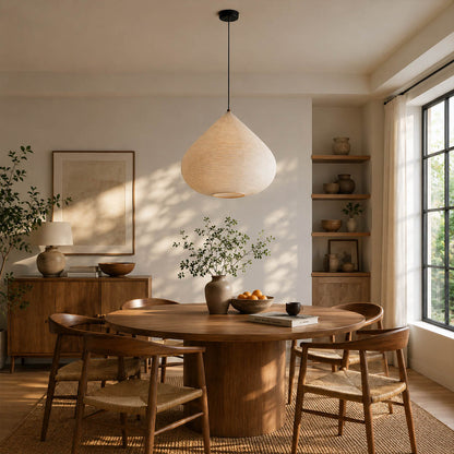 Kuri pendant light 17.7 inch small modern dining room 4 seat table cozy intimate Japandi warm ambient sculptural chestnut Japanese lifestyle interior