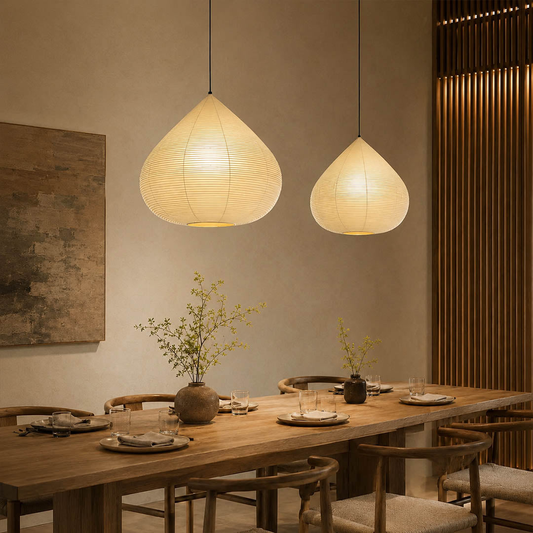 Kuri pendant light 23.6 inch modern dining room 6 seat rectangular table Japandi warm ambient sculptural chestnut Japanese elegant lifestyle interior