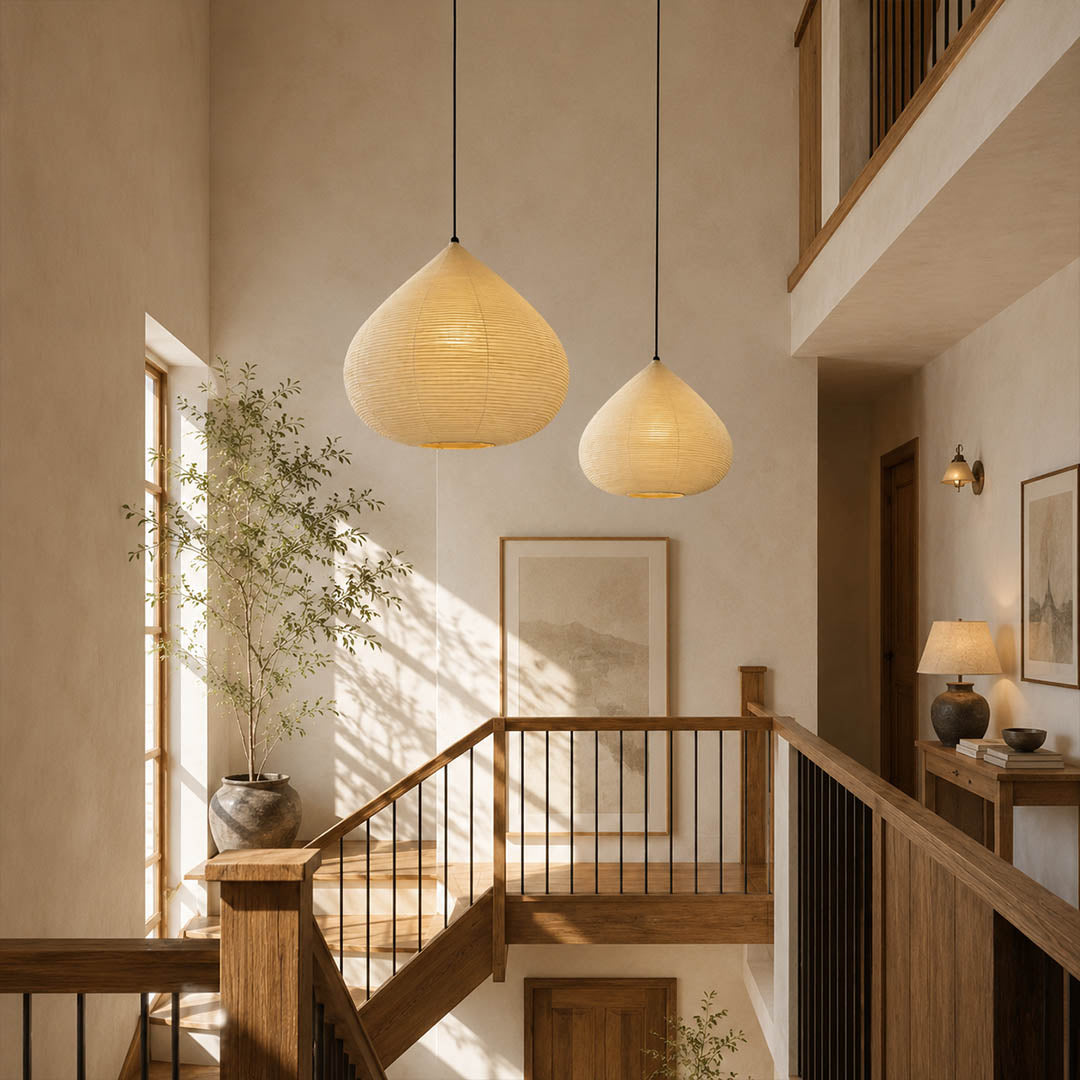 Kuri pendant light 23.6 inch modern entryway foyer welcome sculptural statement warm ambient Japanese Zen chestnut lifestyle interior