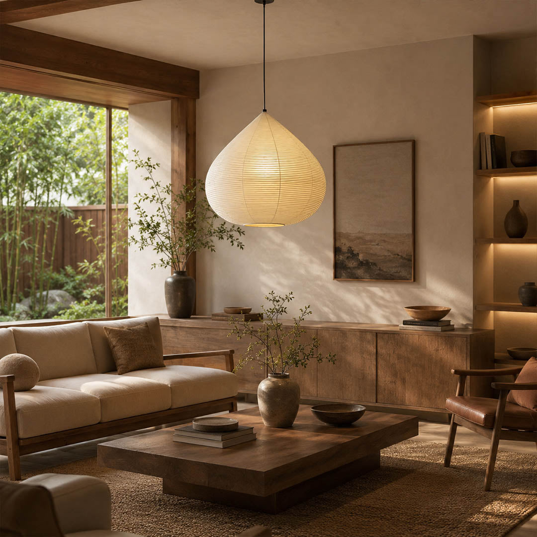 Kuri pendant light 17.7 inch reading corner armchair cozy intimate Japandi warm ambient sculptural chestnut Japanese lifestyle interior