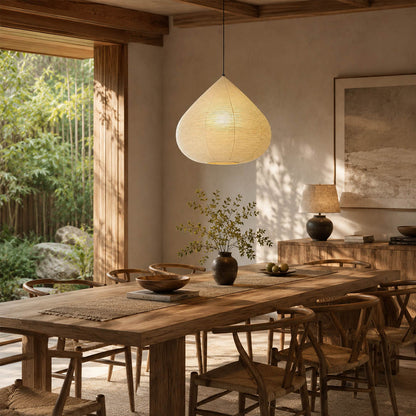 Kuri pendant light 23.6 inch modern dining room 6 seat rectangular table Japandi warm ambient sculptural chestnut Japanese elegant lifestyle interior