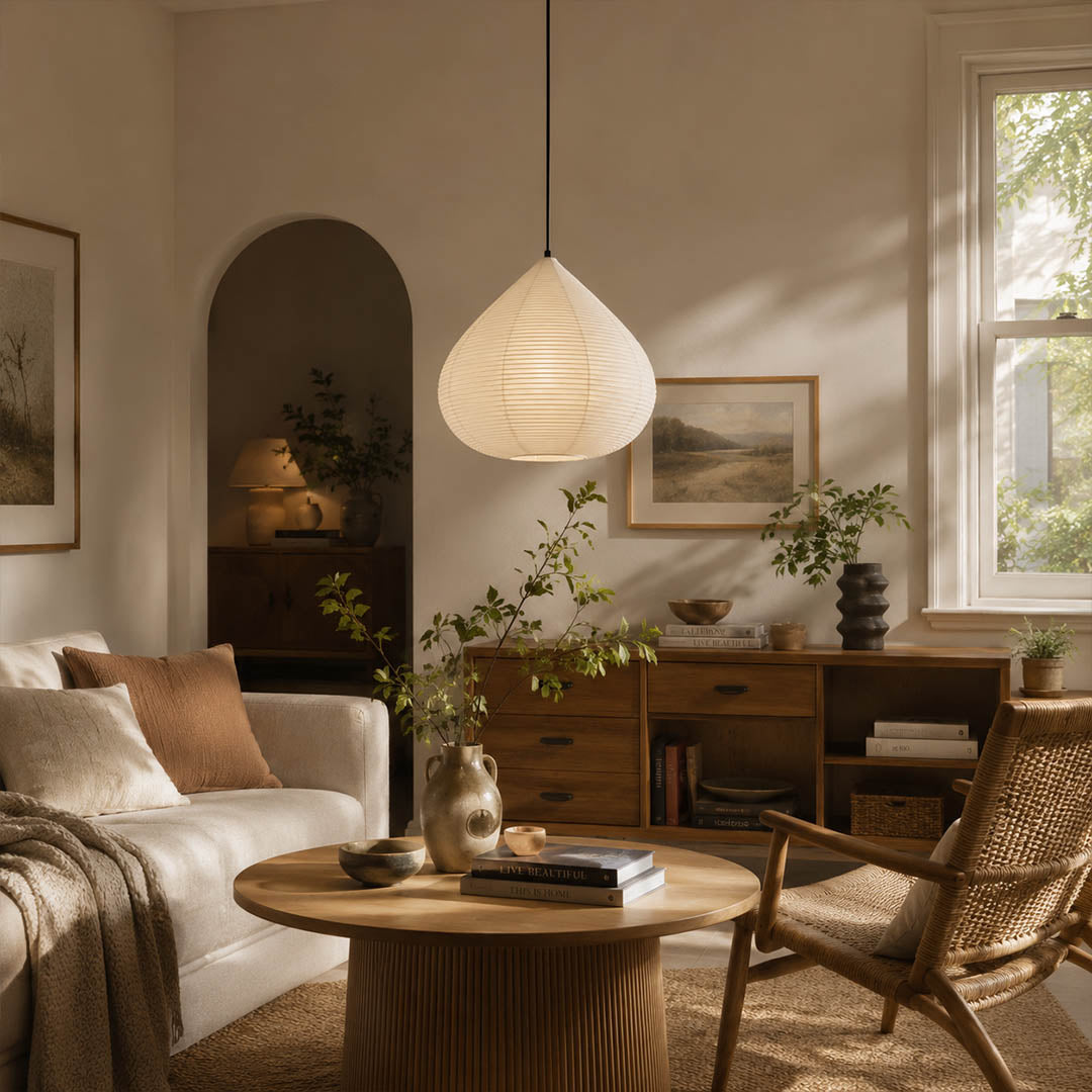 Kuri pendant light 17.7 inch reading corner armchair cozy intimate Japandi warm ambient sculptural chestnut Japanese lifestyle interior