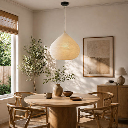 Kuri pendant light 17.7 inch small modern dining room 4 seat table cozy intimate Japandi warm ambient sculptural chestnut Japanese lifestyle interior