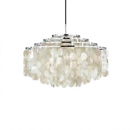 Laguna FUN DM style tiered shell suspension lamp Chrome polished silver 32 inch Mid Century designer Verner Panton Capiz shells multi tier flat horizontal white background