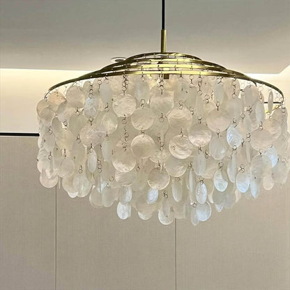 Laguna Gold 47 inch FUN DM tiered shell chandelier grand foyer entryway coastal mansion oceanfront Hampton Mid Century designer warm glow lifestyle interior