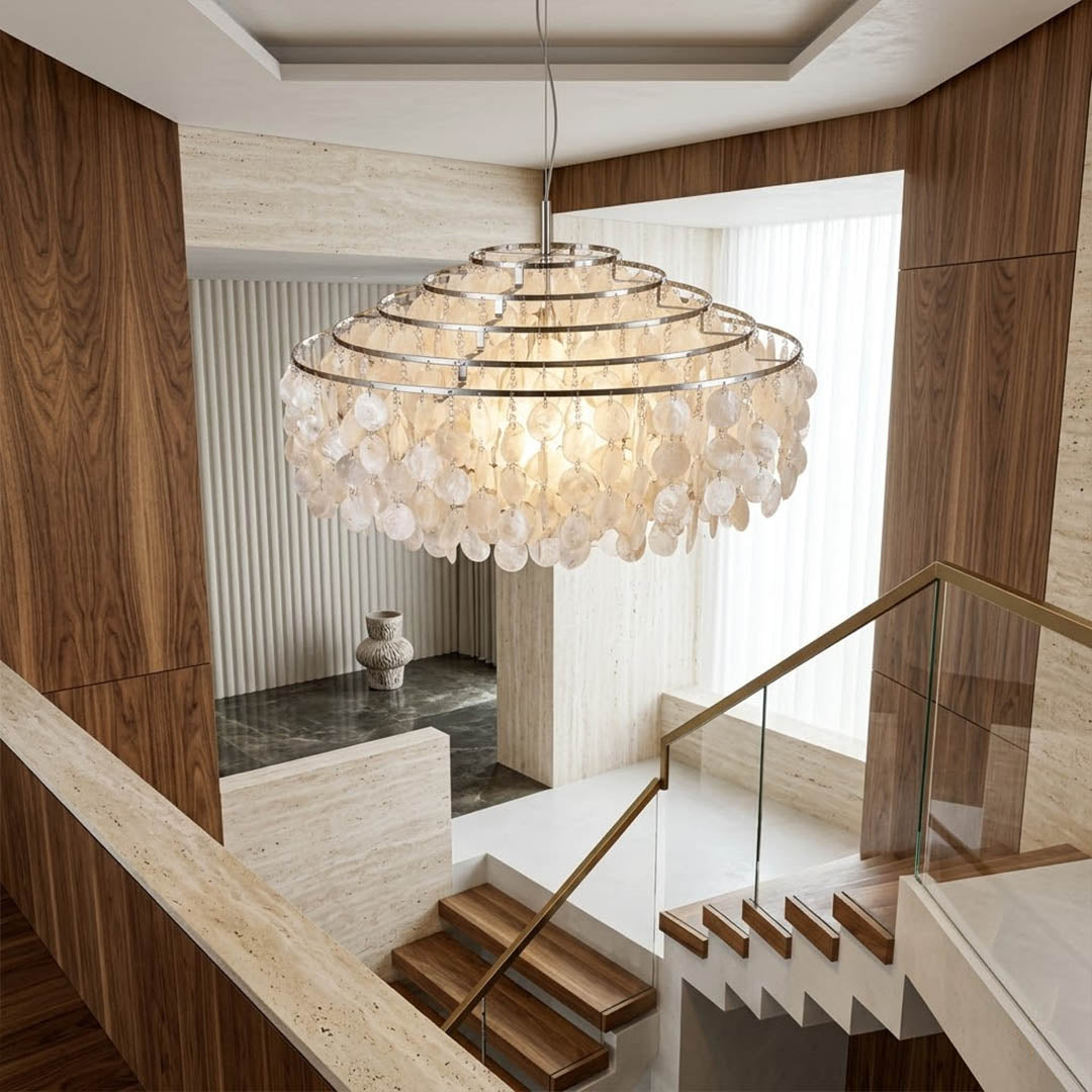Laguna Gold 47 inch FUN DM tiered shell chandelier grand foyer entryway coastal mansion oceanfront Hampton Mid Century designer warm glow lifestyle interior