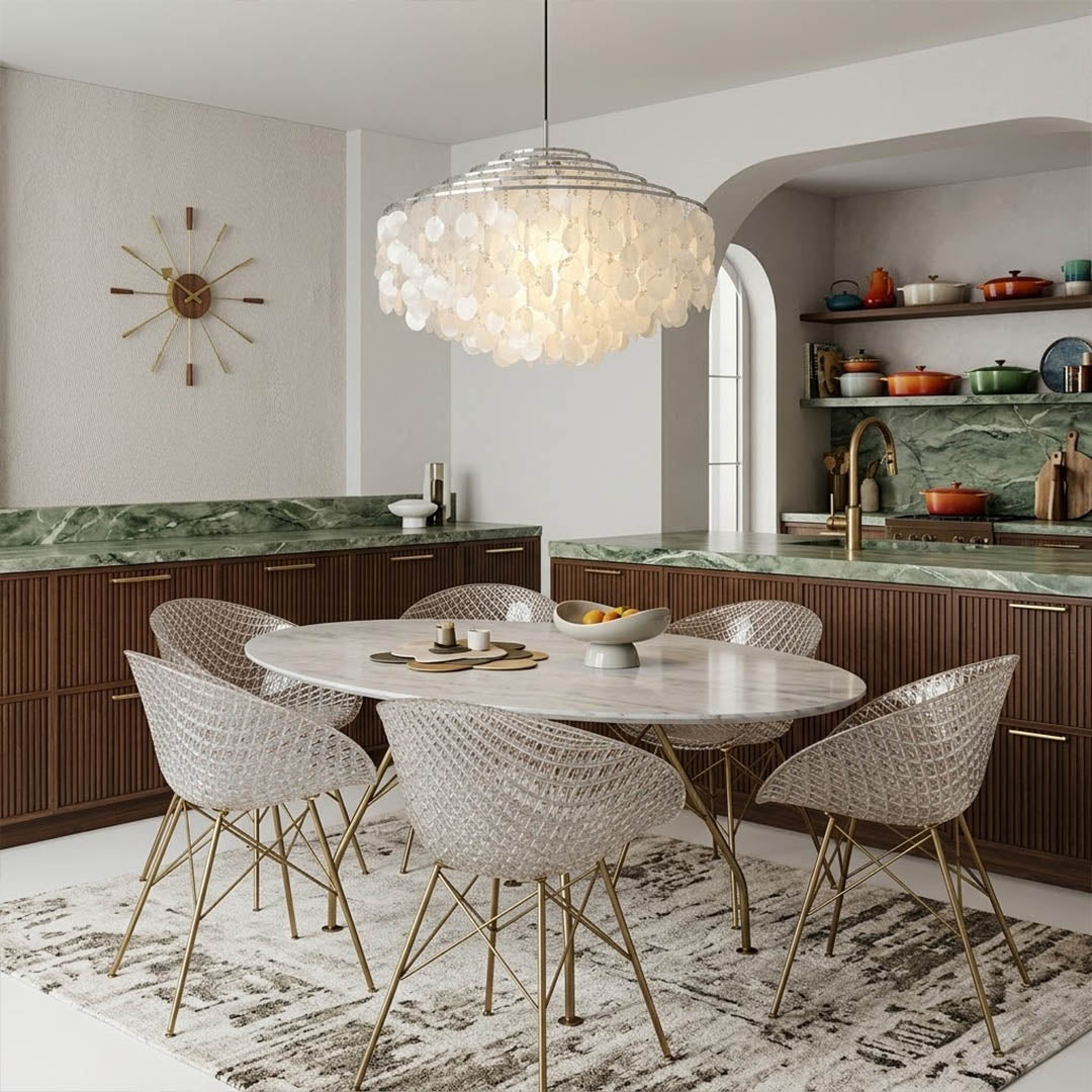 Laguna Gold 39 inch FUN DM tiered shell chandelier grand dining 10 seater coastal mansion Mid Century designer warm glow Hampton lifestyle interior